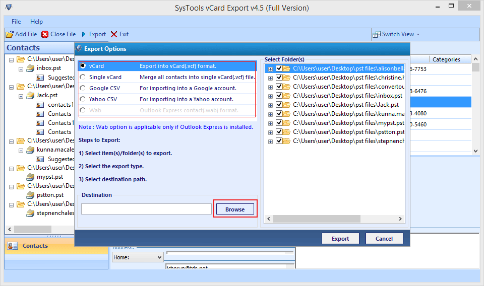 Export Outlook contacts to vCard, Google & WAB